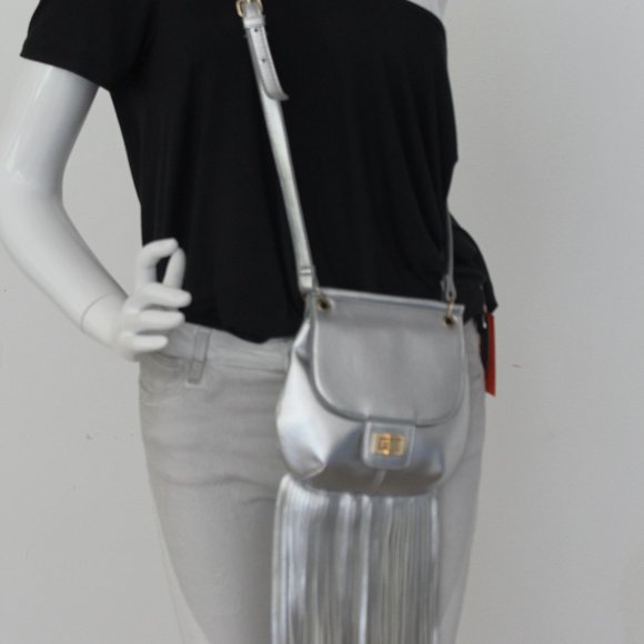 NEW Expressions NY Fringe Crossbody Purse METALLIC Silver Mini Retro Bag - Picture 5 of 11